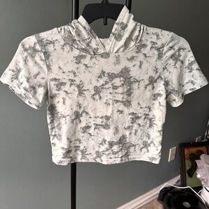 Gray and White Cropped T-Shirt with Mock Neck